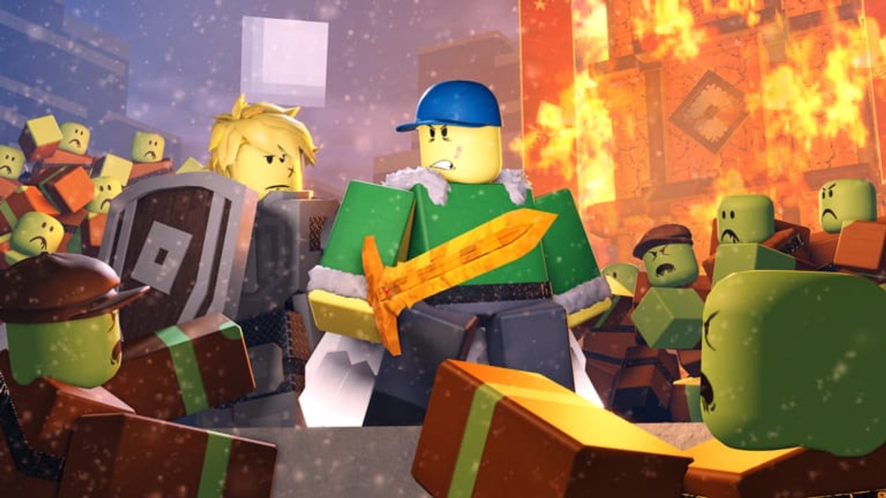 Humans with gold swords and wooden shields fighting a crowd of explosive green zombies in Zombies vs Humans on Roblox