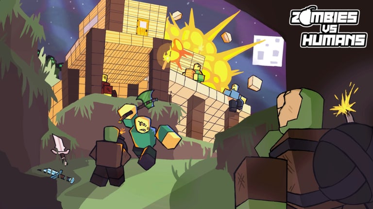 Official Zombies vs Humans art of a cave raid: green zombies storm a wooden fortress as a bomb explodes on the wall