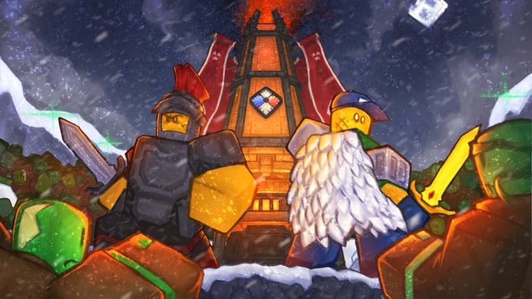 Painted winter night in Zombies vs Humans: humans with Elytra and armor standing before a banner fortress while zombies close in